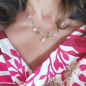 Briolette Rose Quartz 15x19mm and Peridot 925 Sterling Silver Necklace 18"